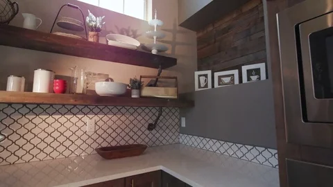 Rising Modern Kitchen Corner with Lens Flare Stock Footage 76255937