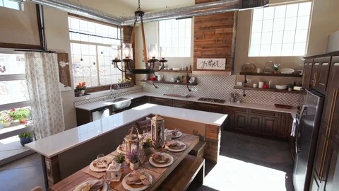 Rising Modern Kitchen with Dining Table Stock Footage 76256081