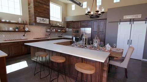 Rising on Modern Kitchen Island with Stools Video stock 76256080