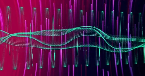 Rising neon rods sparking teal dotted wave undulating splitting lanes and Stock Footage 321700207