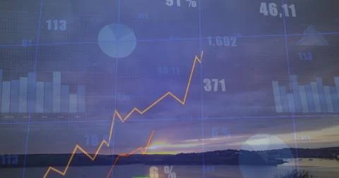 Rising orange line graph hovering at lakeside dawn, with blue bars, pie chart, Stock Photos