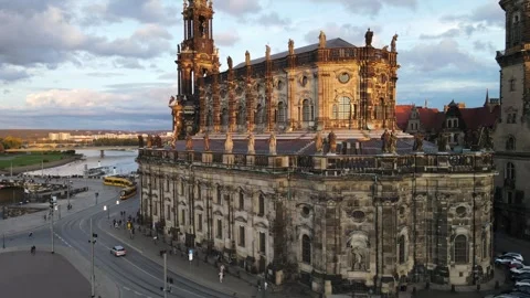 Rising orbit around Semperoper with tram and old town skyline Stock Footage 331216847
