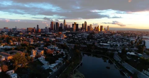 Rising Over Echo Park Downtown Los Angeles Aerial Drone Sunset Video stock 147567998