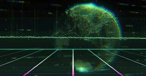 Rising particle globe hovering over neon grid floor, showing waveform and data Stock Illustration
