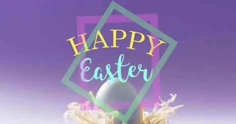 Rising pastel egg nesting in straw on purple gradient, rotating mint magenta Video stock 330575288