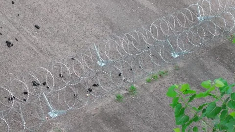 Rising Pullback Reveals Long Razor Wire Security Barrier Stock-Footage 344129710