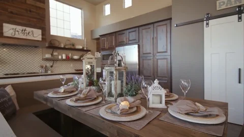 Rising Rack Focus from Dining Table to Corner Kitchen Video stock 77168365