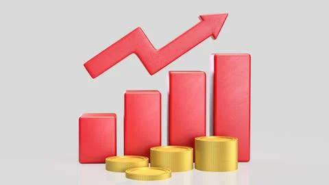 Rising Red Bar Chart and Gold Coin Stacks Representing Financial Growth 3d .. Stock Illustration