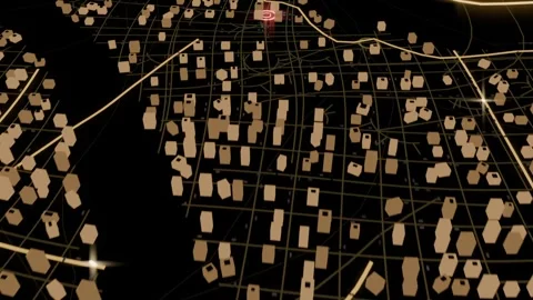 Rising red teardrop pin after circular highlight, pulsing rings over 3D city map Stock Footage 339193953