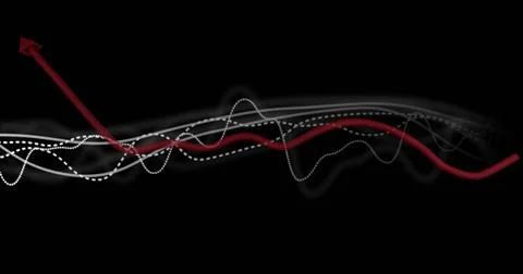 Rising red three-dimensional arrow tracking red curve among wave lines in Stock Illustration