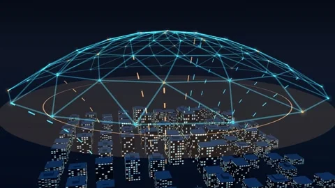 Rising scan plane reading a sensor canopy over a lit city Stock Footage 341072953