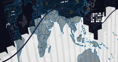 Rising scanning bars initiating map reveal, showing global data flow with arrow Stock Footage 328934937