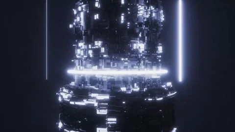 Rising sci-fi tower column between two vertical neon lines Stock Footage 346780435