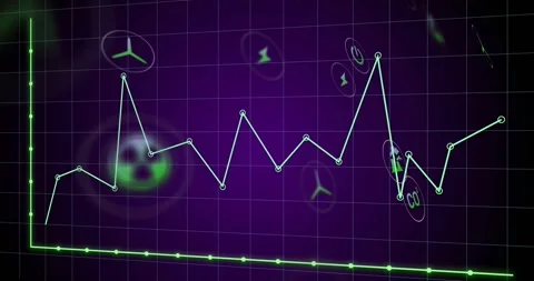 Rising segment starting neon green line graph waving and pulsing icons while Vídeos de archivo 320896879