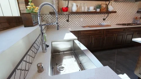 Rising from Sink to Large Modern Rustic Kitchen Stock Footage 76314299