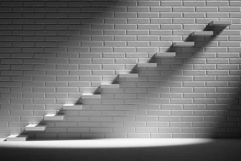 Rising staircase in dark empty room with brick wall Stock Illustration