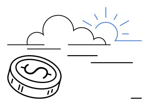 Rising Sun Behind Clouds with a Dollar Coin Symbolizing New Financial Oppor.. Stock Illustration