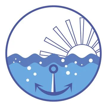 Rising sun over ocean waves and anchor on seabed Stock Illustration