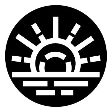 Rising sun radiating light over horizon icon Stock Illustration
