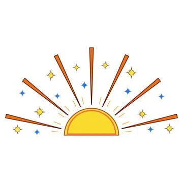 Rising sun radiating light rays and shining stars Ilustração Stock