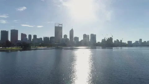 Rising towards Perth skyline from Swan River Stock Footage 155466079