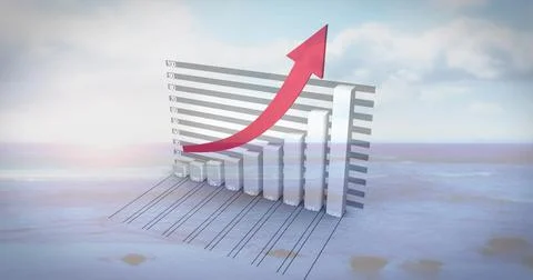 Rising translucent 3D bar chart showing growth on beach shoreline, with red Stock Illustration