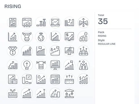 Rising Vector Icon Set with 35 Regular Line 128x128 Editable Graphics Stock Illustration