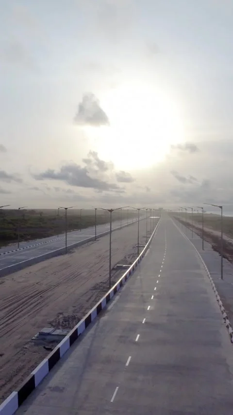 Rising Vertical Drone Video of Newly built Highway In Morning Light Stock Footage 332481385