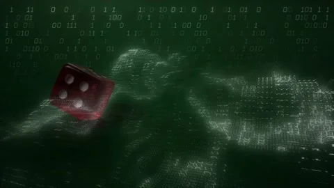 Rising wave causing red glass die floating rotating while grid streaming binary Stock Footage 329454116