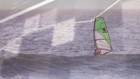 Rising waves pushing windsurfer adjusting stance and trim to keep balance, tech Stock Footage 333602757