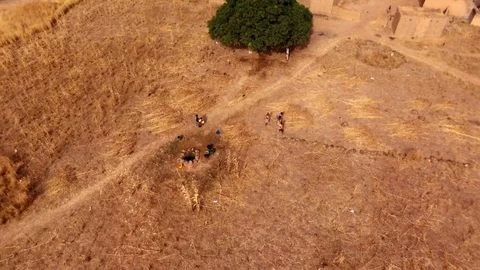 Rising from a well to large savannah landscape Stock Footage 80754285