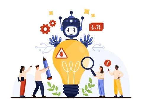 Risk of AI negative decision, ethics, tiny people analyze artificial Stock Illustration