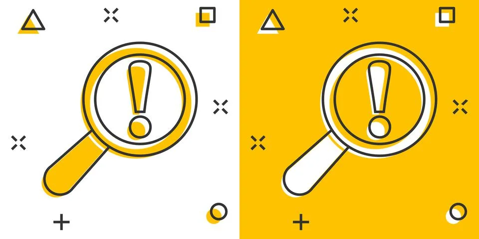 Risk analysis icon in comic style. Exclamation magnifier cartoon vector illus Stock Illustration