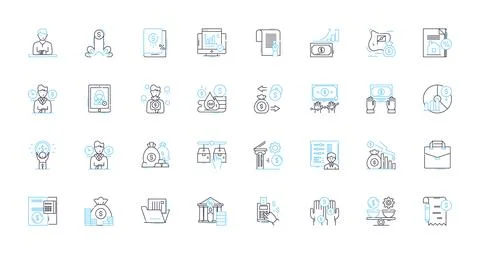 Risk analysis linear icons set. Probability, Exposure, Impact, Threat Illustrazione stock