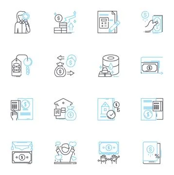 Risk analysis linear icons set. Probability, Exposure, Impact, Threat Illustrazione stock