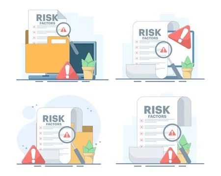 Risk analysis set featuring a document, magnifying glass, and warning symbol. Ilustração Stock
