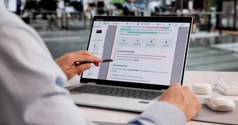 Risk Analyst Examining Enterprise Evaluation Report On Laptop Screen, Data Re Stock Photos