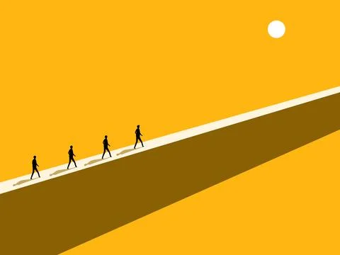 Risk and difficult business path. Group of businessmen walking on a wall or.. Stock Illustration