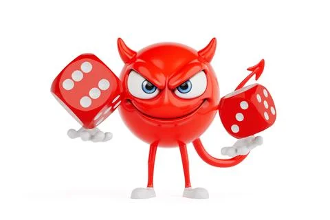 Risk And Luck Concept. Red Devil Cartoon Character Holding Two Red Dice. 3d.. Ilustração Stock