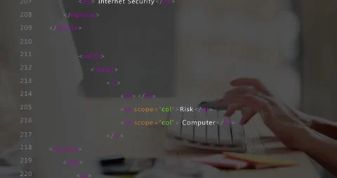 Risk and PC headers appearing, hands typing HTML adding security and Spyware Stock Footage 316097553