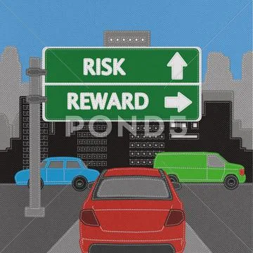 Risk and reward highway sign concept with stitch style on fabric background Stock Illustration