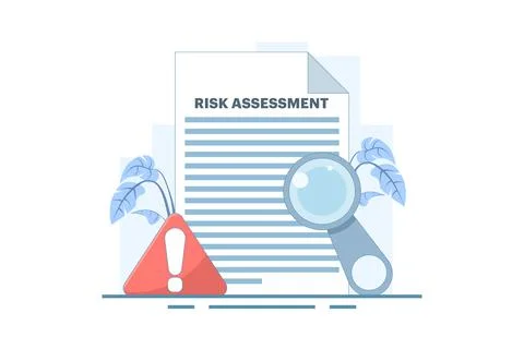 Risk Assessment Concept. Document with Magnifying Glass and Warning Sign. Illustrazione stock