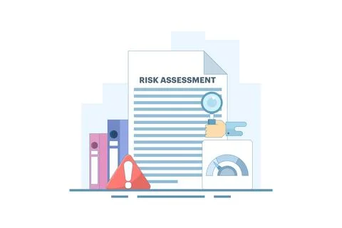 Risk Assessment Concept. Document with Magnifying Glass and Warning Sign. イラスト素材
