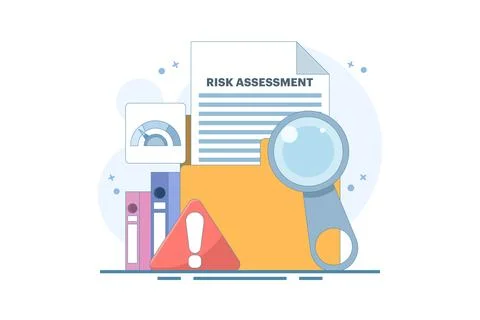 Risk Assessment Concept. Document with Magnifying Glass and Warning Sign. Stock Illustration