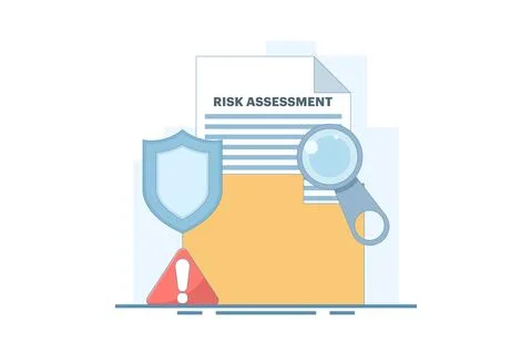 Risk Assessment Concept. Document with Magnifying Glass and Warning Sign. 库存插图