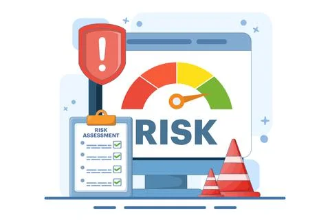 Risk assessment concept with speedometer, Risk management. Illustrazione stock