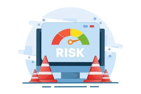 Risk assessment concept with speedometer, Risk management. Illustrazione stock