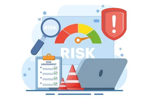 Risk assessment concept with speedometer, Risk management. Illustrazione stock