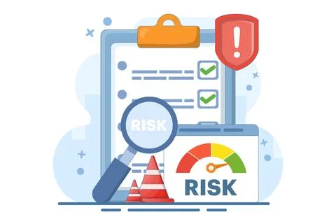 Risk assessment concept with speedometer, Risk management. Illustrazione stock