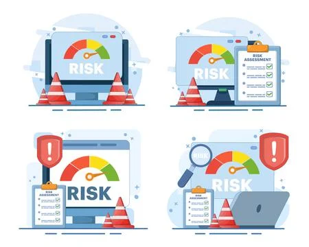 Risk assessment set featuring speedometer gauges, risk analysis. Stock Illustration